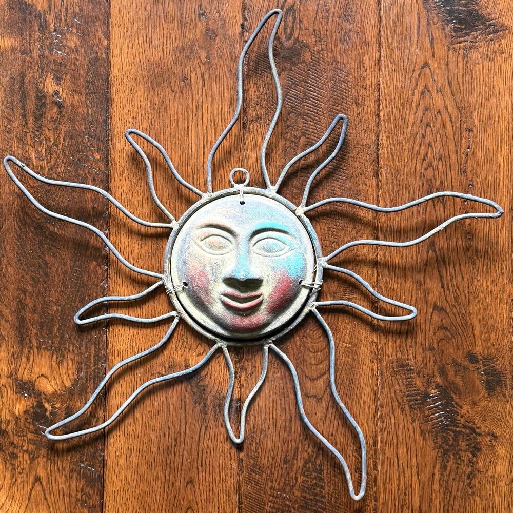 Vintage Celestial Sun Wall Art | Metal Rays Sculpted Clay Face | Boho Southwest